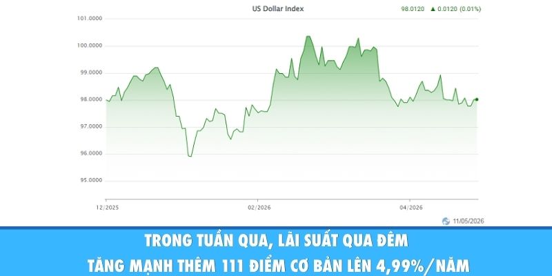 Trong tuần qua, lãi suất qua đêm tăng mạnh thêm 111 điểm cơ bản lên 4,99%/năm